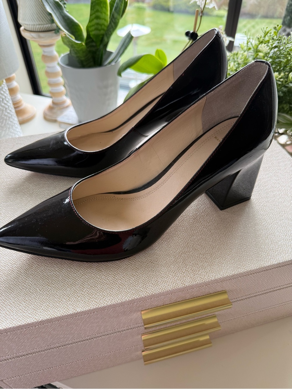 Zala Burgandy Patent Pointed-Toe Block Heel Pump